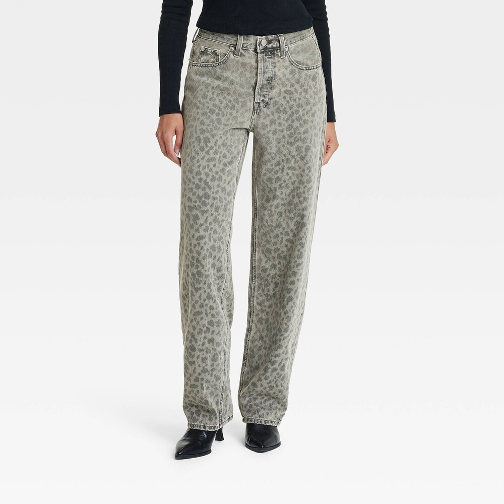 Mid-Rise 90's Baggy Jeans - Light Beige Leopard Print 8